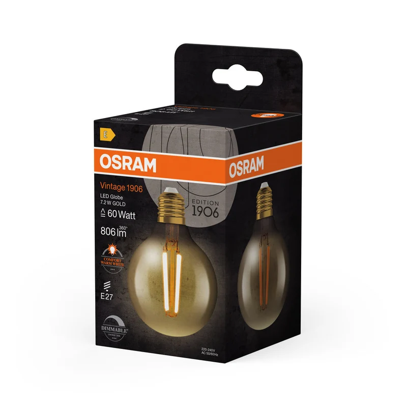 OSRAM VINTAGE 1906® Lampada LED LED CLASSIC Globe Dimmable 7.2W 824 Oro E27, 806 lm, 2400 K, Comfort bianco caldo