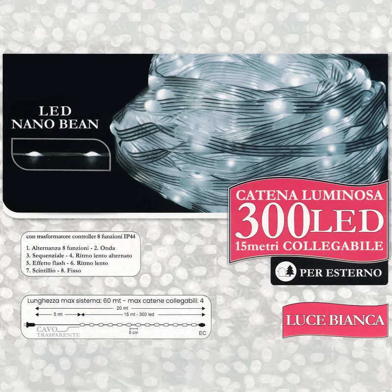 Decoled Catena luminosa da esterno 300 LED luce bianca, luci di natale LED nano bean IP44 modulari, decorazioni luminose impermeabili, cavo trasparente