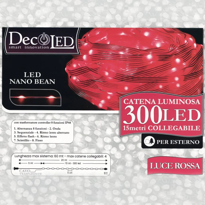 Decoled Catena luminosa da esterno 300 LED luce rossa, luci di natale LED nano bean IP44 modulari, decorazioni luminose impermeabili, cavo trasparente