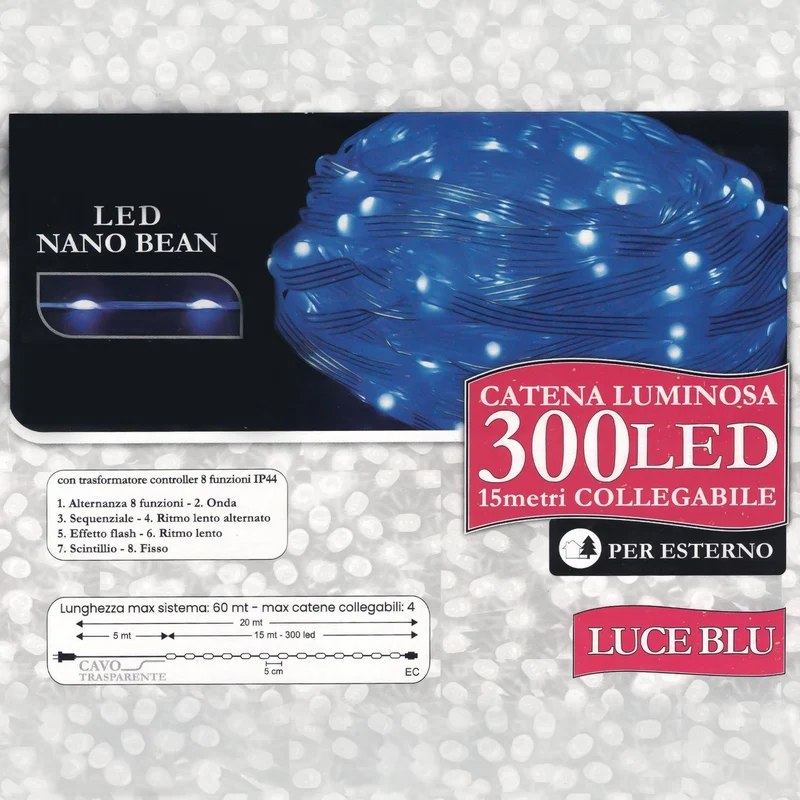 Decoled Catena luminosa da esterno 300 LED luce blu, luci di natale LED nano bean IP44 modulari, decorazioni luminose impermeabili, cavo trasparente