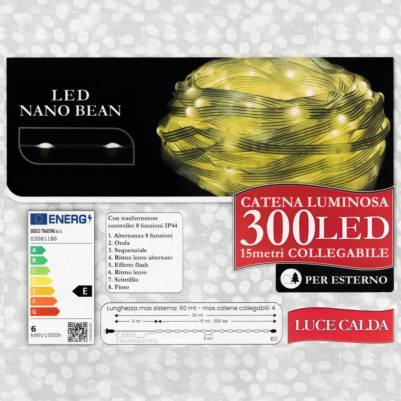 Decoled Catena luminosa da esterno 300 LED luce gialla, luci di natale LED nano bean IP44 modulari, decorazioni luminose impermeabili, cavo trasparente