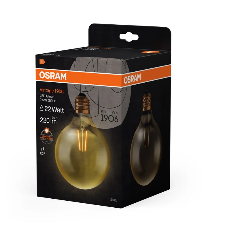 OSRAM VINTAGE 1906® LED Lampada LED CLASSIC GLOBE 2.5W 824 Oro E27, 220 lm, 2400 K, Luce Comfort Calda