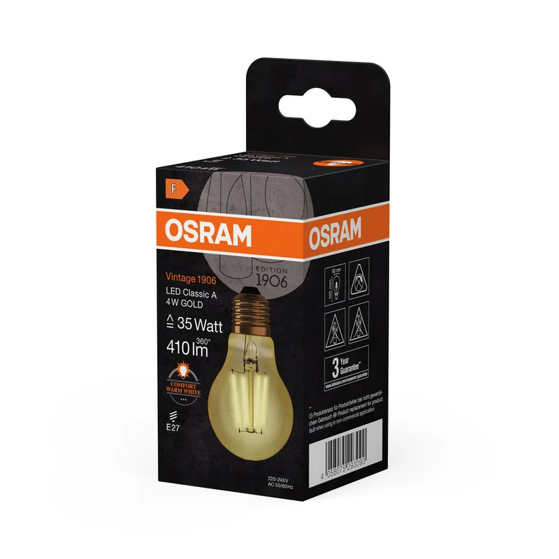 OSRAM VINTAGE 1906® LED Lampada LED CLASSIC A 4W 824 Oro E27, 410 lm, 2400 K, Luce Comfort Calda