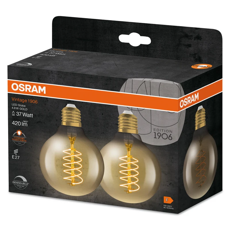 OSRAM VINTAGE 1906® Lampada LED LED CLASSIC SLIM FILAMENT Globo DIMMERABILE 4.8W 822 Oro E27, 420 lm, 2200 K, Comfort bianco caldo, 2 pezzi