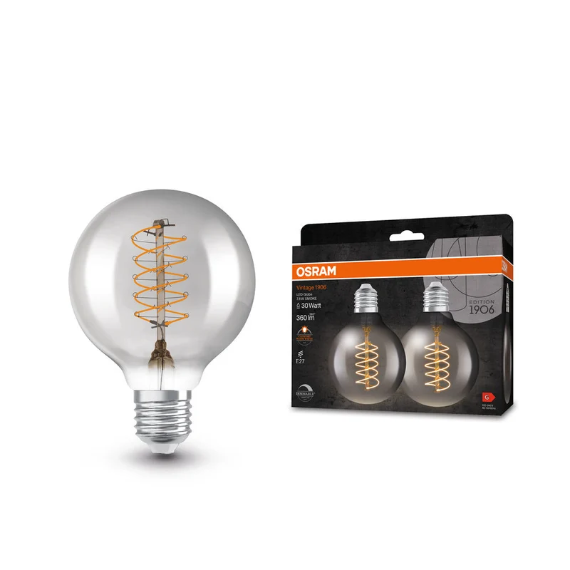 OSRAM VINTAGE 1906® LED Lampada LED CLASSIC SLIM FILAMENT Globo DIMMERABILE 7.8W 818 Fumè E27, 360 lm, 1800 K, Comfort bianco caldo, 2 pezzi
