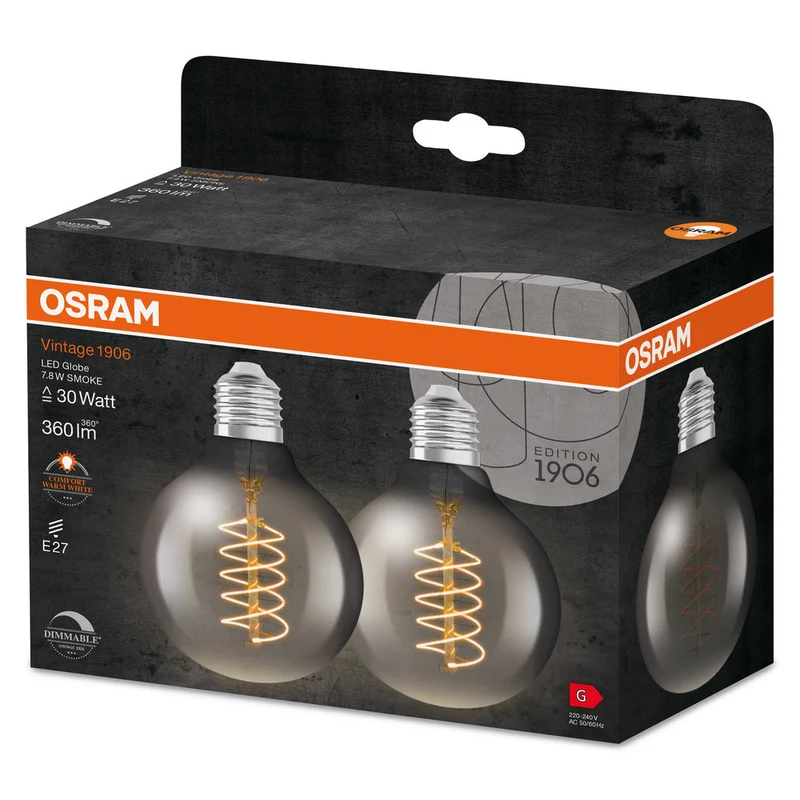 OSRAM VINTAGE 1906® LED Lampada LED CLASSIC SLIM FILAMENT Globo DIMMERABILE 7.8W 818 Fumè E27, 360 lm, 1800 K, Comfort bianco caldo, 2 pezzi
