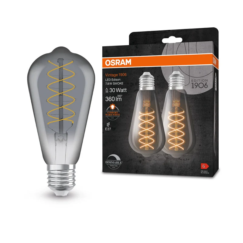 OSRAM VINTAGE 1906® Lampada LED CLASSIC SLIM FILAMENT EDISON DIMMERABILE 7.8W 818 Fumè E27, 360 lm, 1800 K, Comfort bianco caldo, 2 pezzi