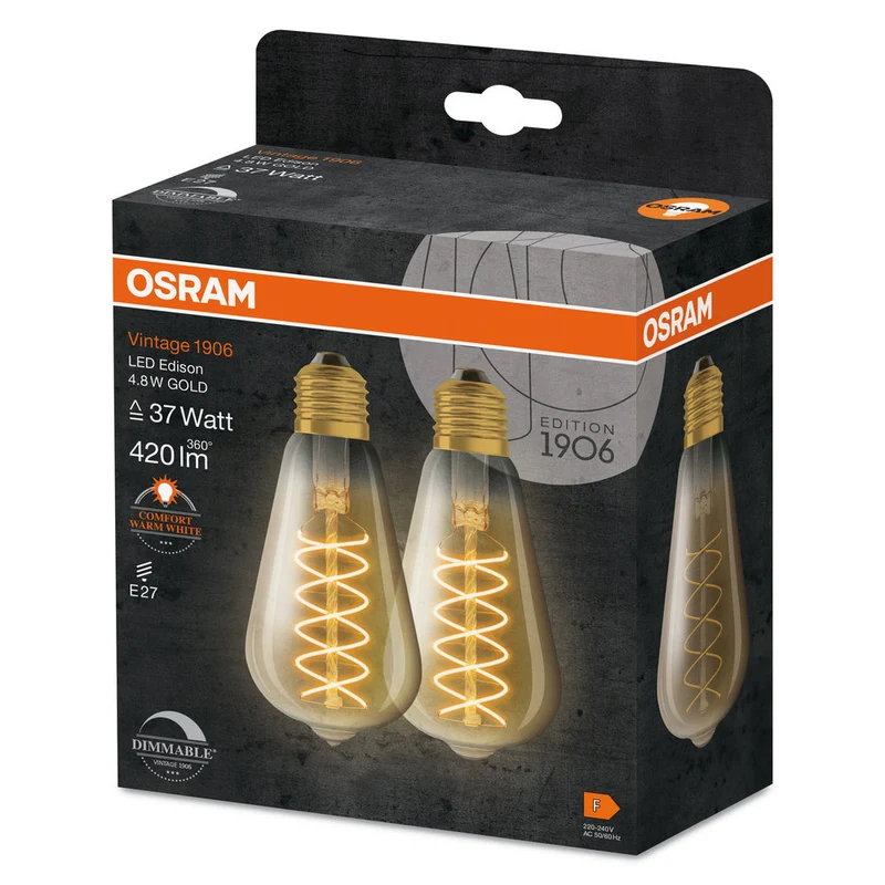OSRAM VINTAGE 1906® Lampada LED CLASSIC SLIM FILAMENT EDISON DIMMERABILE 7.8W 818 Fumè E27, 360 lm, 1800 K, Comfort bianco caldo, 2 pezzi
