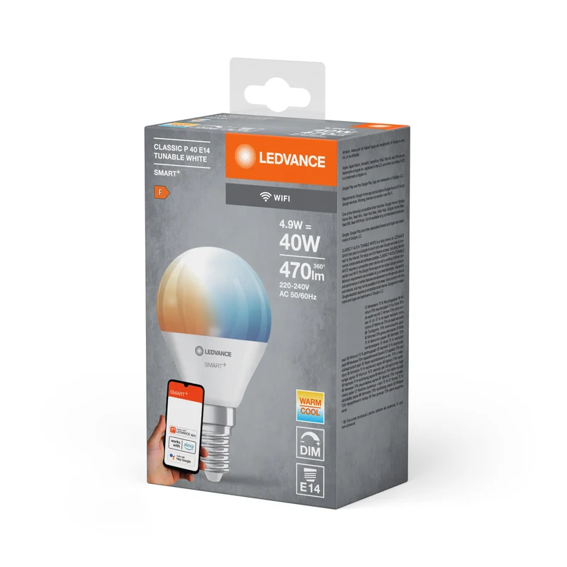 LEDVANCE SMART+ Wifi Mini Bulb LED Lampada TW FR E14 4,9W 470 lm, 2700…6500 K, Bianco Regolabile