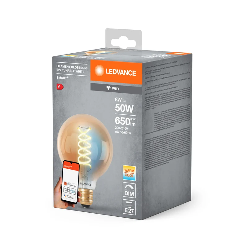 LEDVANCE SMART+ Wifi Filamento Globe95 LED Lampada E27 8W 600 lm, 2200…5000 K, Bianco Regolabile