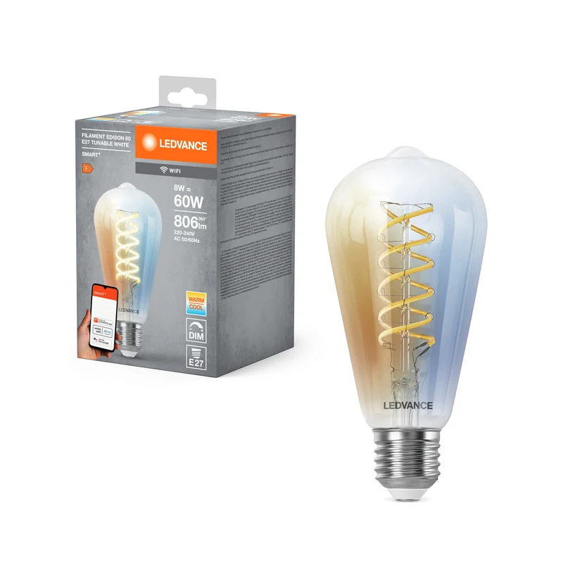 LEDVANCE SMART+ Lampadina LED Filamento Edison Wifi E27 8W 806 lm, 2700…6500 K, Bianco Regolabile