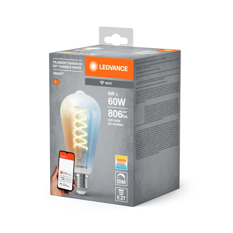 LEDVANCE SMART+ Lampadina LED Filamento Edison Wifi E27 8W 806 lm, 2700…6500 K, Bianco Regolabile