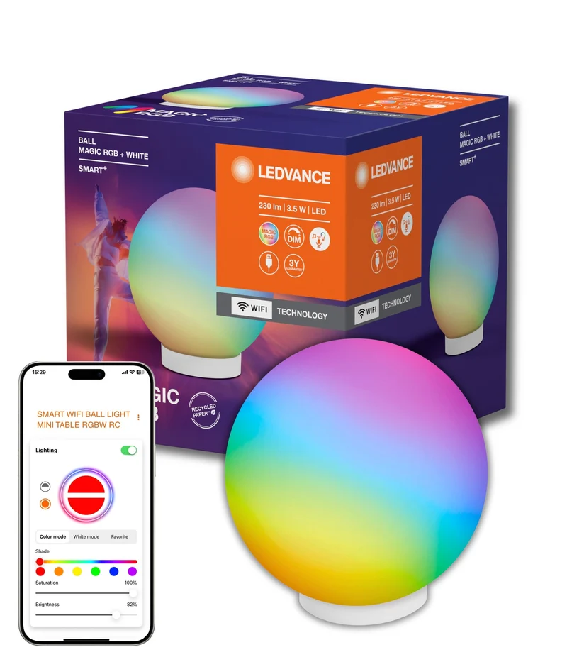 LEDVANCE SMART+ Wifi BALL Moodlight Lampada da tavolo MAGIC RGB RGBW USB, 200 lm, 2200 … 6500 K, Bianco regolabile|RGB