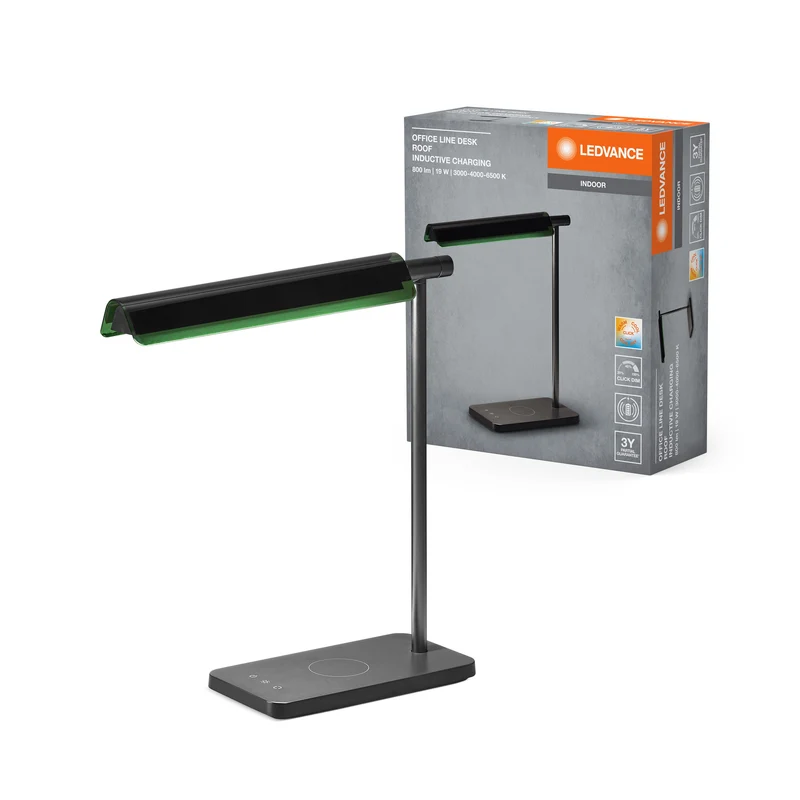 LEDVANCE OFFICE LINE Lampada da scrivania a soffitto con ricarica induttiva 19W CCT Dimmabile Nera, 520 lm, 3000 K / 4000 K / 6500 K, Bianco caldo|Bianco freddo|Fredda luce del giorno