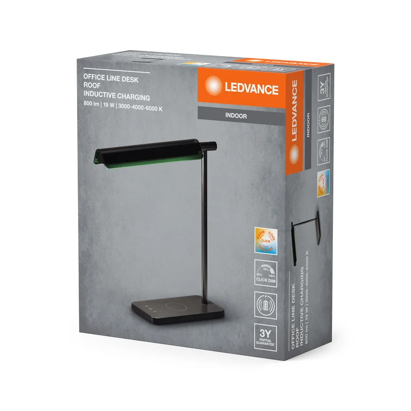 LEDVANCE OFFICE LINE Lampada da scrivania a soffitto con ricarica induttiva 19W CCT Dimmabile Nera, 520 lm, 3000 K / 4000 K / 6500 K, Bianco caldo|Bianco freddo|Fredda luce del giorno