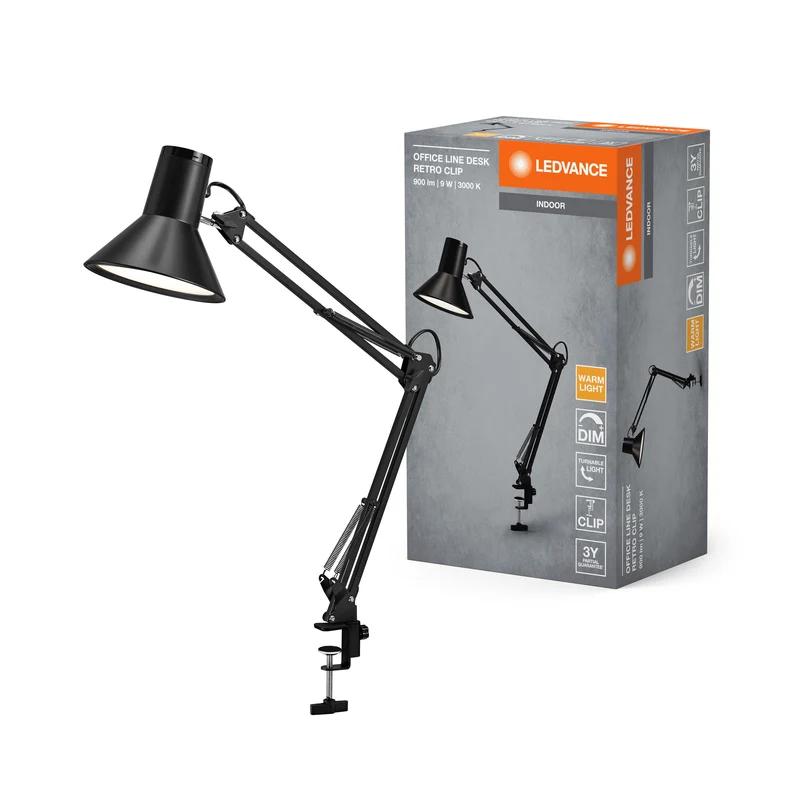 LEDVANCE OFFICE LINE Lampada da scrivania Retro Clip 9W 830 Dimmabile Nera, 393 lm, 3000 K, Warmweiß