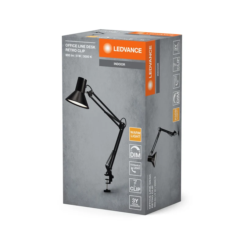 LEDVANCE OFFICE LINE Lampada da scrivania Retro Clip 9W 830 Dimmabile Nera, 393 lm, 3000 K, Warmweiß