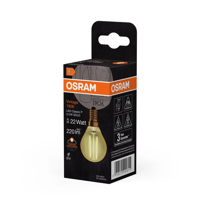 OSRAM VINTAGE 1906® Lampada LED LED CLASSIC P 2.5W 824 Oro E14, 220 lm, 2400 K, Luce Comfort Calda