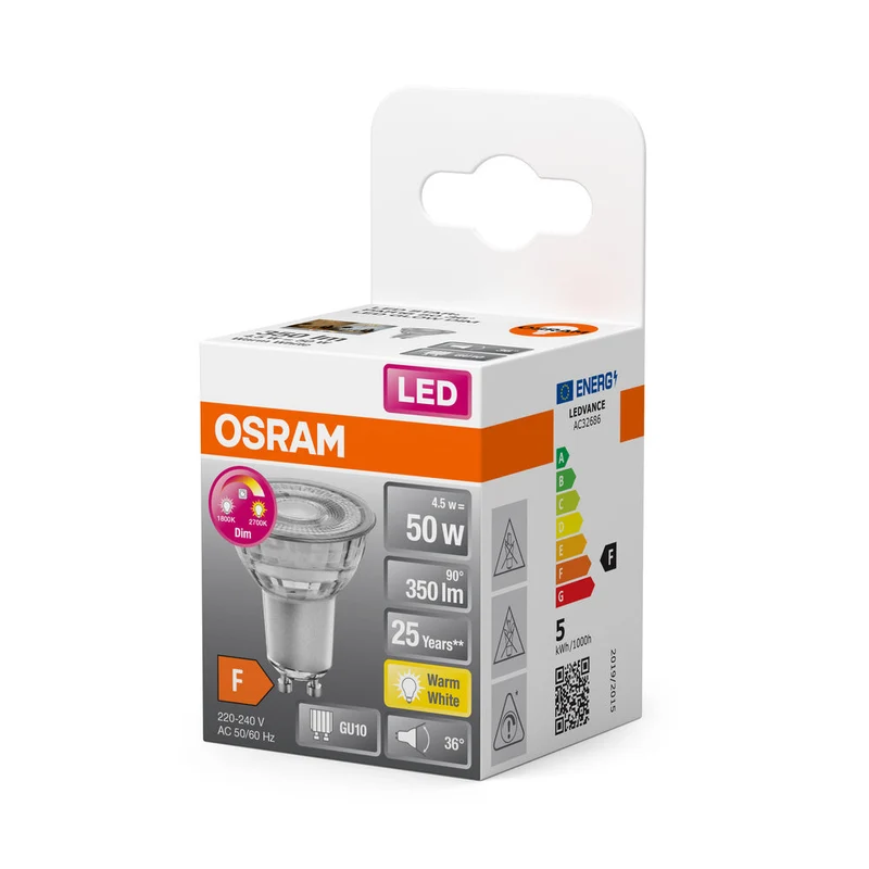 OSRAM LED Lampada LED SUPERSTAR PAR16 GLOWdim 4.5W 827 GU10, 350 lm, 1800…2700 K, Bianco caldo