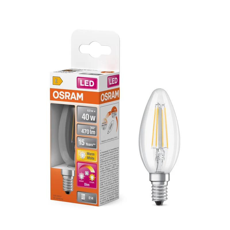 OSRAM LED Lampada LED SUPERSTAR CLASSIC B GLOWdim 4W 822…827 E14, 470 lm, 2200…2700 K, Bianco Caldo Regolabile
