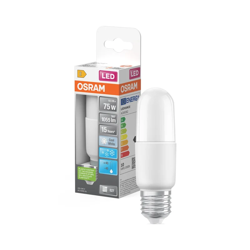 OSRAM LED Lampada LED STAR STICK 9.5W 840 Satinata E27 Ice, 1055 lm, 4000 K, Bianco Freddo