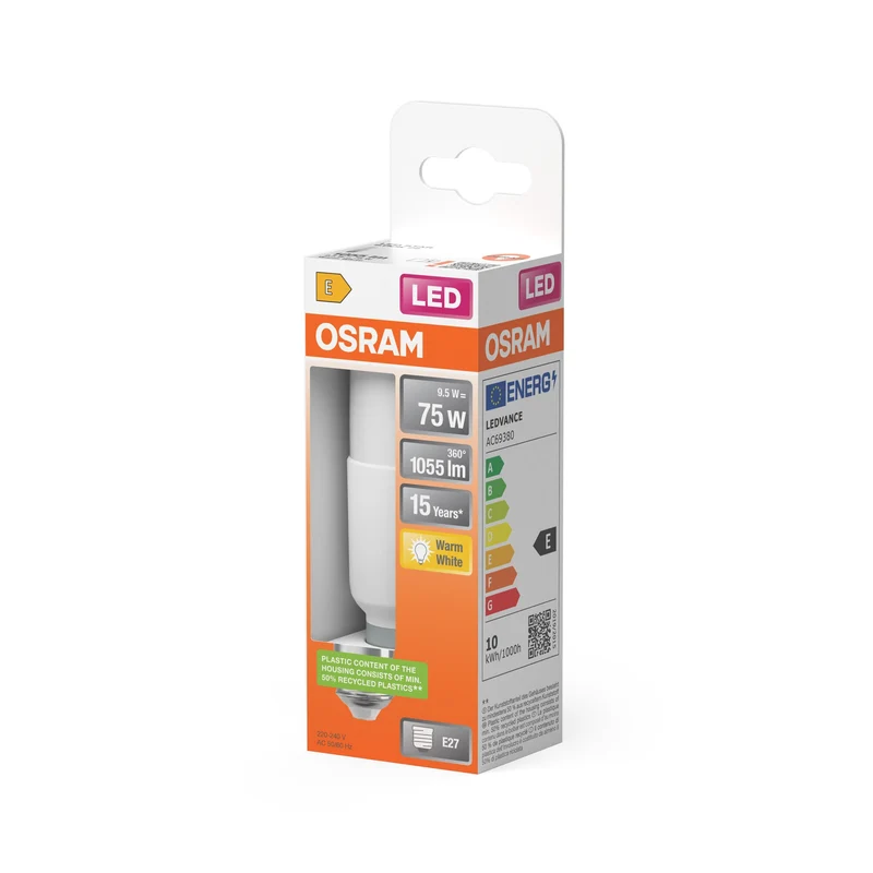OSRAM LED Lampada LED STAR STICK 9.5W 827 Satinata E27, 1055 lm, 2700 K, Bianco caldo