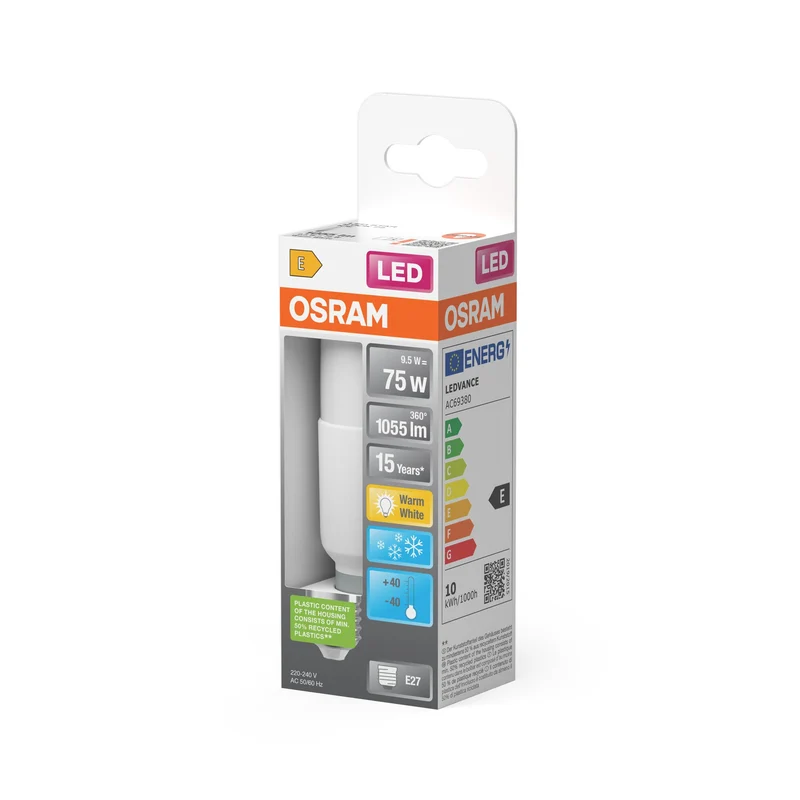 OSRAM LED Lampada LED STAR STICK 9.5W 827 Satinata E27 Ice, 1055 lm, 2700 K, Bianco caldo