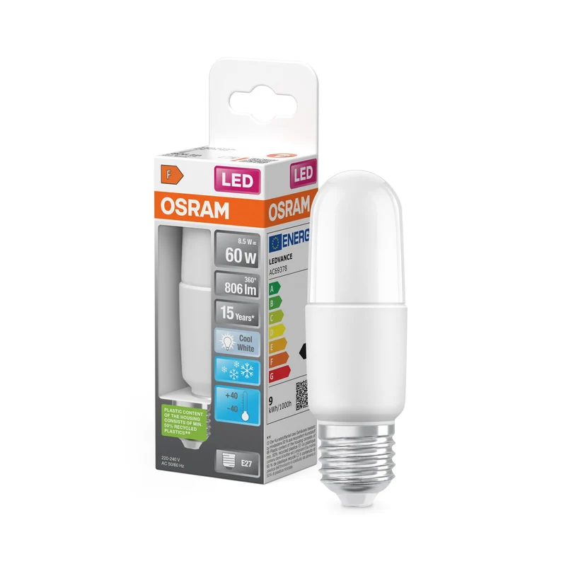 OSRAM LED Lampada LED STAR STICK 8.5W 840 Satinata E27 Ghiaccio, 806 lm, 4000 K, Bianco Freddo