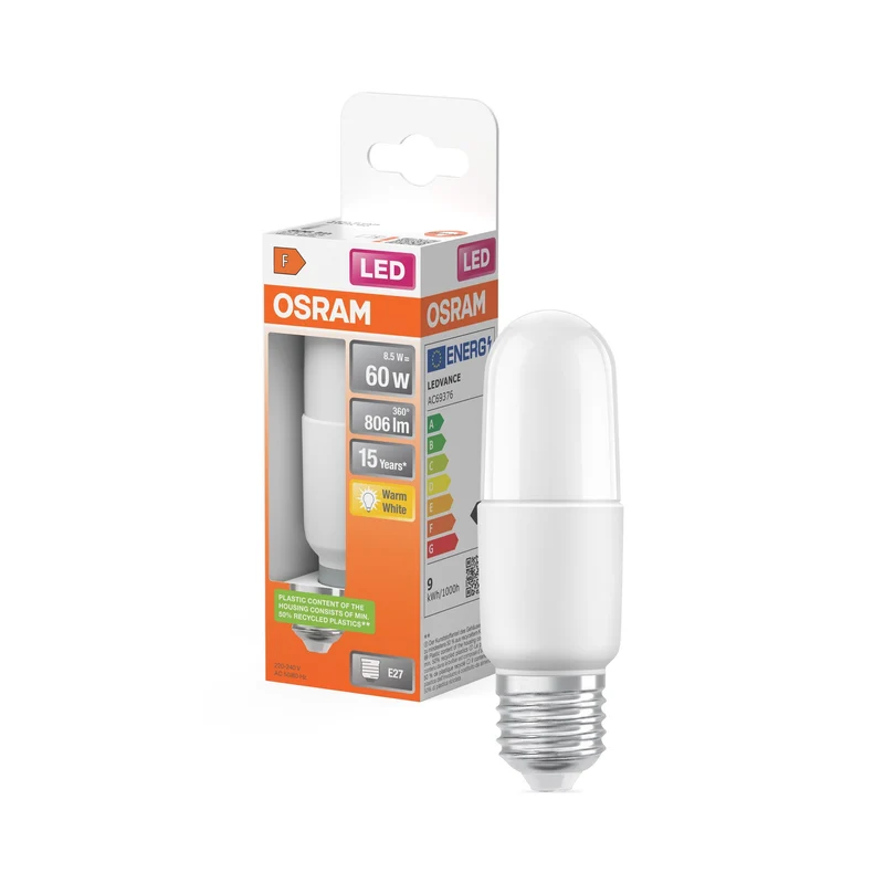 OSRAM LED Lampada LED STAR STICK 8.5W 827 Satinata E27 Warmweiß, 806 lm, 2700 K, Warmweiß