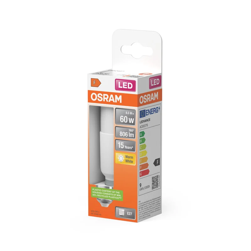 OSRAM LED Lampada LED STAR STICK 8.5W 827 Satinata E27 Warmweiß, 806 lm, 2700 K, Warmweiß