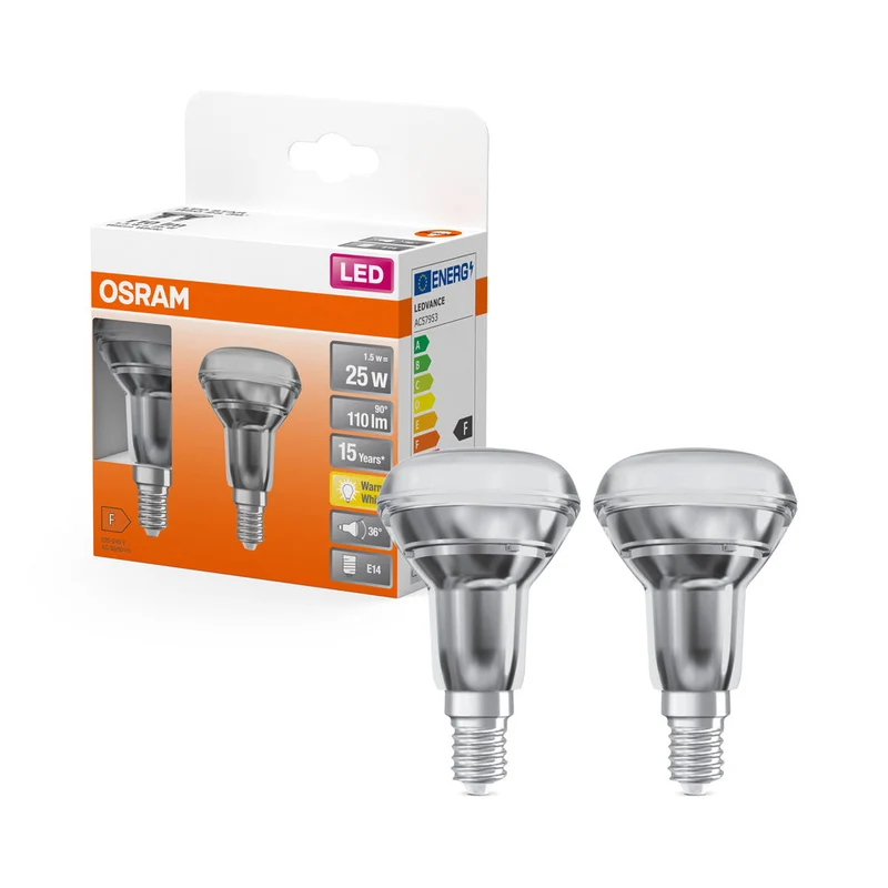 OSRAM LED Lampada LED STAR R50 1.5W 827 E14, 110 lm, 2700 K, Bianco caldo, Confezione da 2