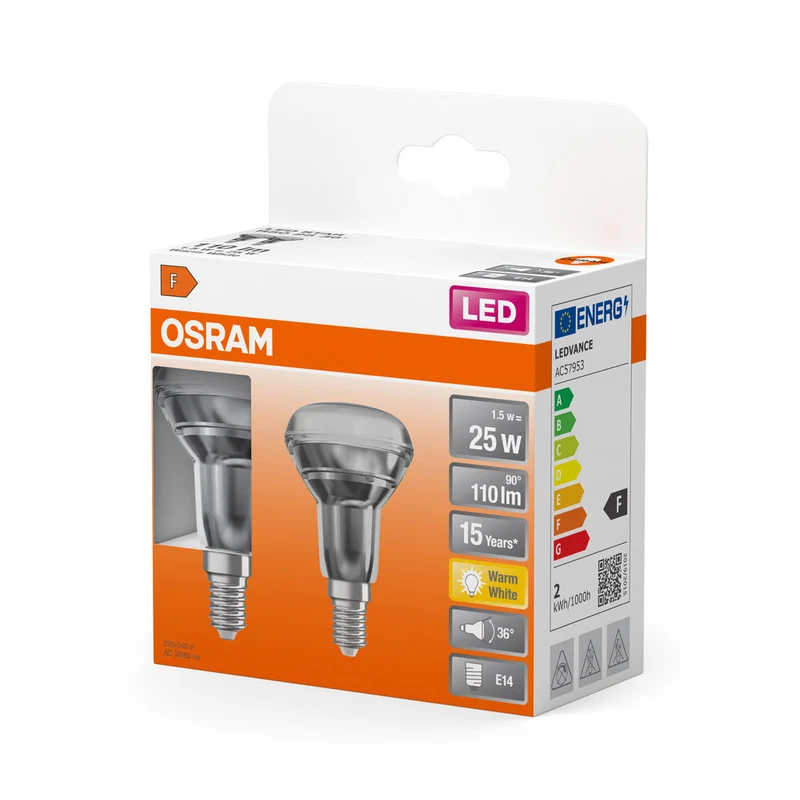 OSRAM LED Lampada LED STAR R50 1.5W 827 E14, 110 lm, 2700 K, Bianco caldo, Confezione da 2