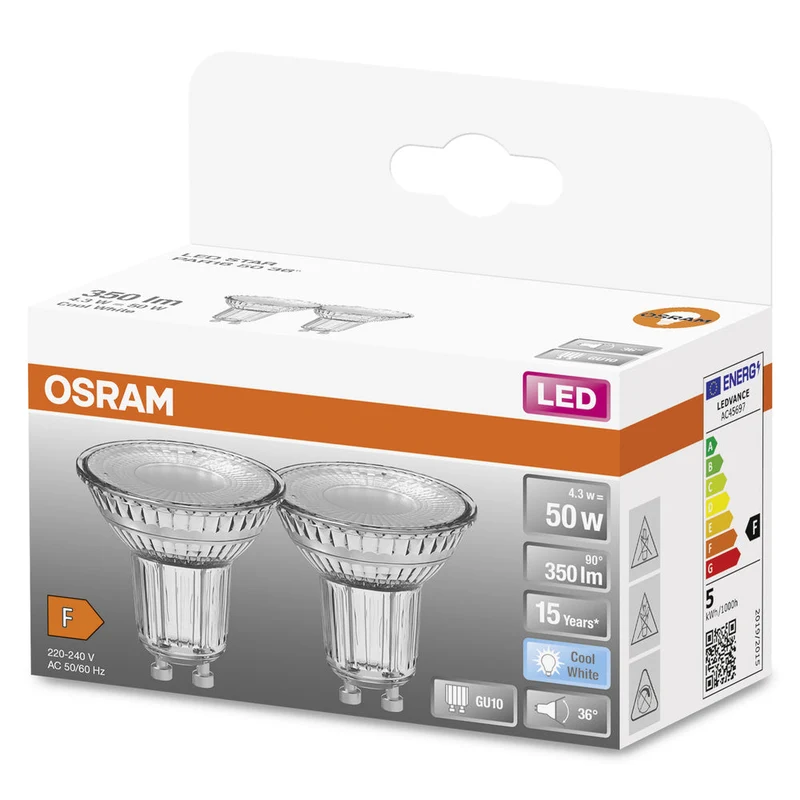 OSRAM LED Riflettore Lampada LED STAR PAR16 4.3W 840 GU10 350 lm, 4000 K, Bianco Freddo, Confezione da 2