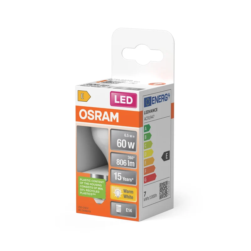 OSRAM LED Lampada LED STAR CLASSIC P 6.5W 827 Opalina E14, 806 lm, 2700 K, Bianco caldo