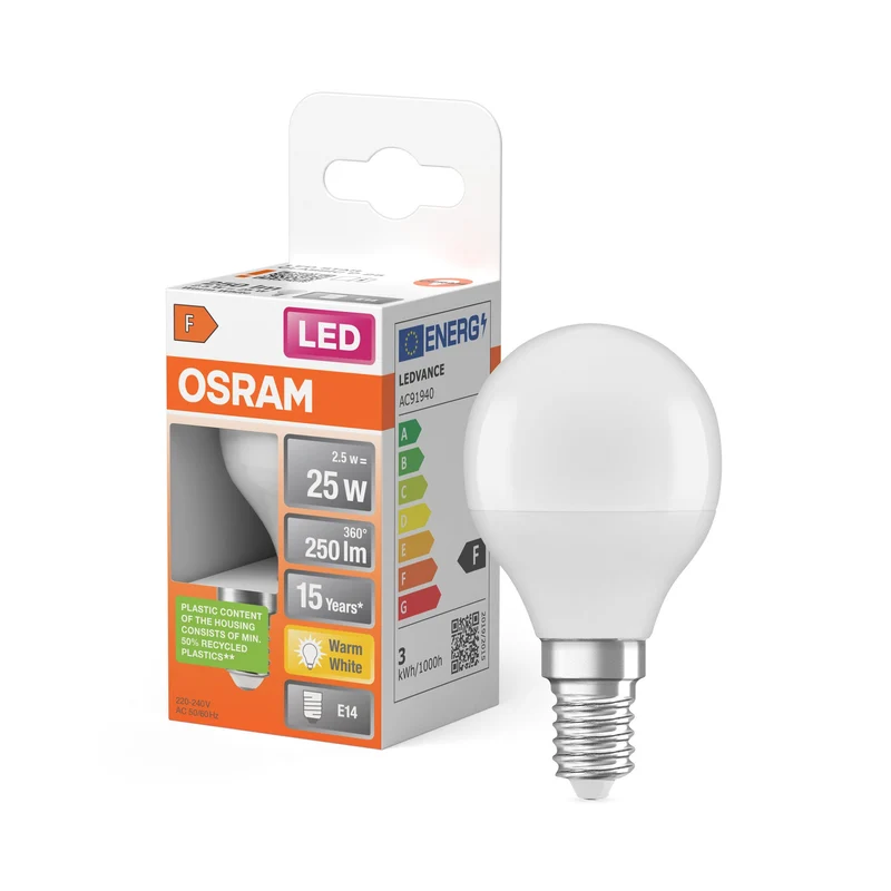 OSRAM LED Lampada LED STAR CLASSIC P 2.5W 827 Satinata E14, 250 lm, 2700 K, Bianco caldo