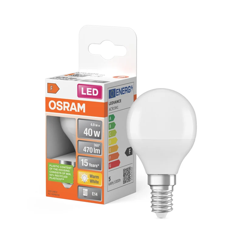 OSRAM LED Lampada LED STAR CLASSIC P 4.9W 827 Satinata E14, 470 lm, 2700 K, Bianco caldo