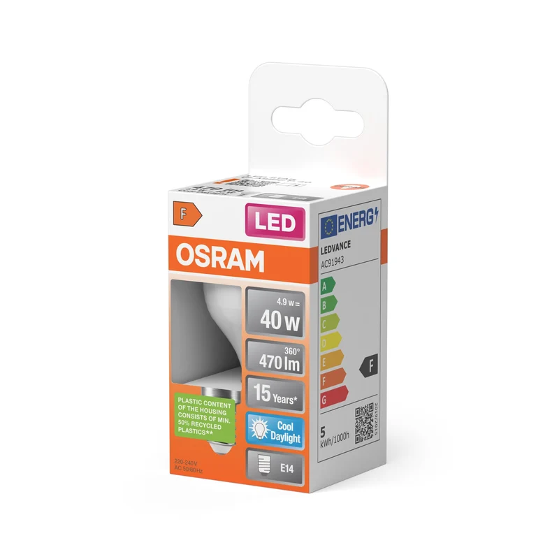 OSRAM LED Lampada LED STAR CLASSIC P 4.9W 865 Satinata E14, 470 lm, 6500 K, Luce diurna fredda