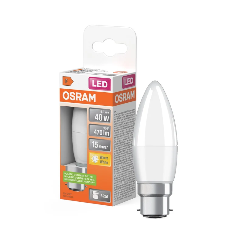 OSRAM LED Lampada LED STAR CLASSIC B 4.9W 827 Satinata B22d, 470 lm, 2700 K, Bianco caldo