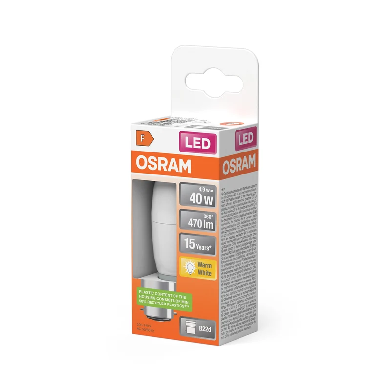 OSRAM LED Lampada LED STAR CLASSIC B 4.9W 827 Satinata B22d, 470 lm, 2700 K, Bianco caldo