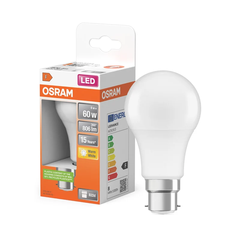 OSRAM LED Lampada LED STAR CLASSIC A 8W 827 Satinata B22d, 806 lm, 2700 K, Bianco caldo