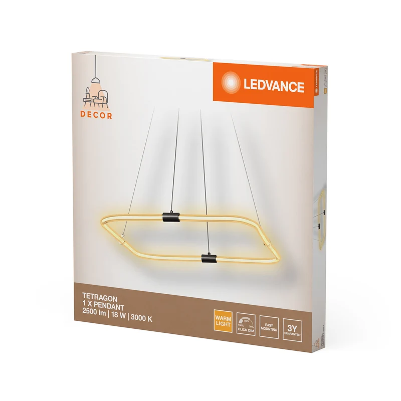 LEDVANCE DECOR Tetragon Lampada a sospensione, 18W, 3000K, 2000lm, Luce calda, Click DIM