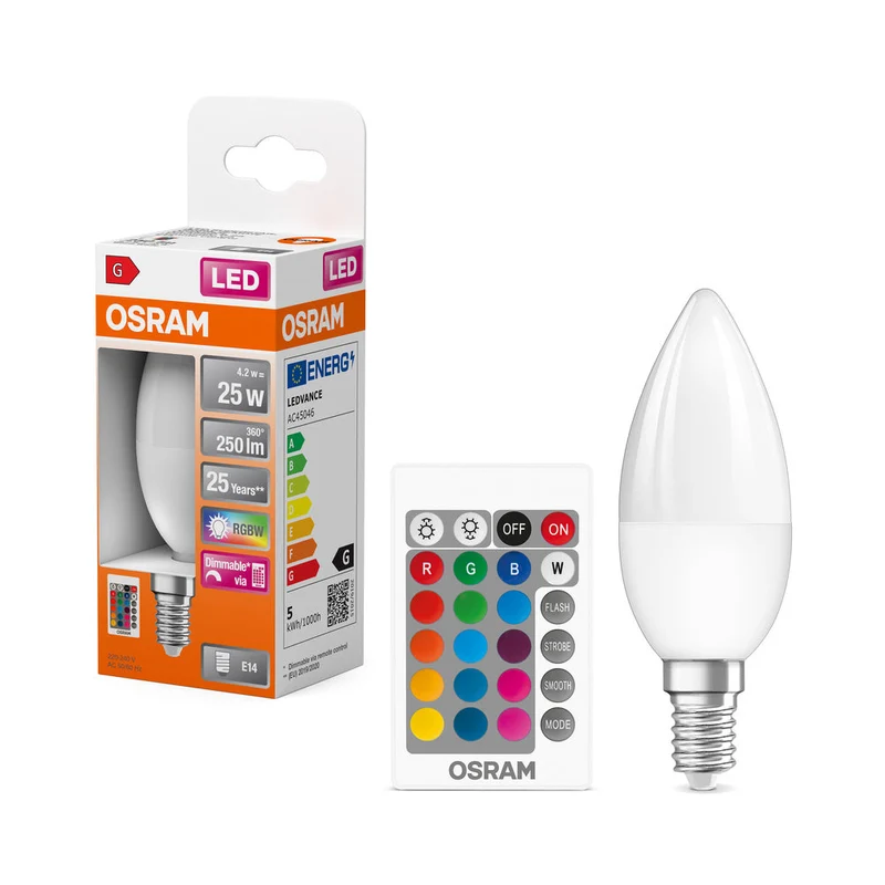 OSRAM LED Lampada LED Retrofit RGBW con telecomando 4,2W 827 Opalina E14 B-Forma, 250 lm, 2700 K, Bianco caldo