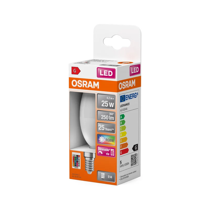 OSRAM LED Lampada LED Retrofit RGBW con telecomando 4,2W 827 Opalina E14 B-Forma, 250 lm, 2700 K, Bianco caldo