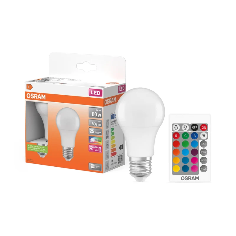 OSRAM LED Lampada LED Retrofit RGBW con telecomando 9,4W E27, 806 lm, 2700 K, Warmweiß confezione da 2