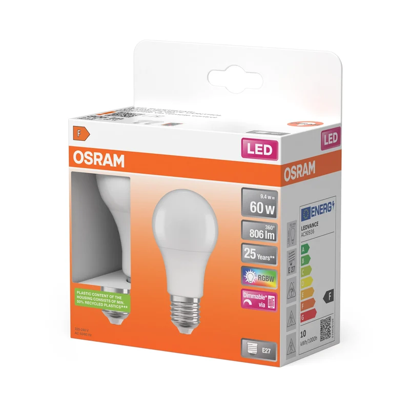 OSRAM LED Lampada LED Retrofit RGBW con telecomando 9,4W E27, 806 lm, 2700 K, Warmweiß confezione da 2