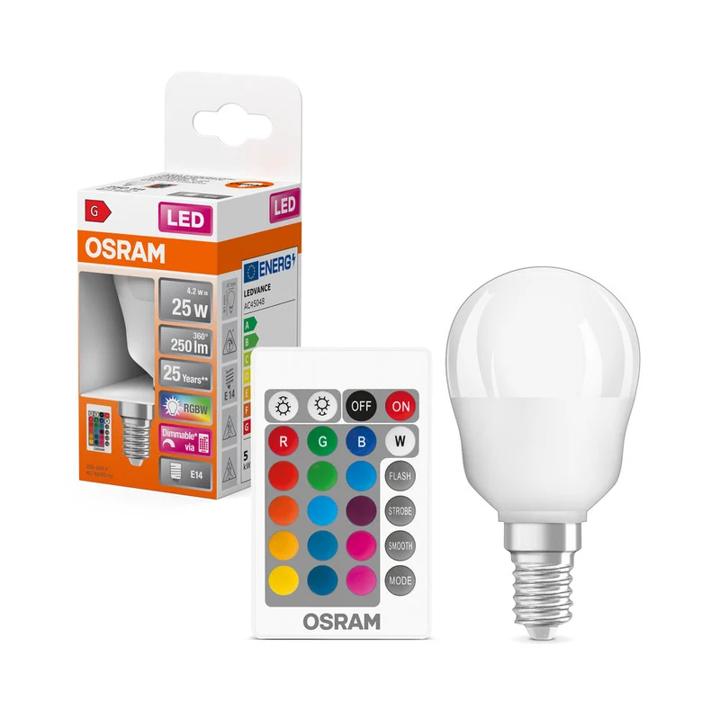 OSRAM LED Lampada LED Retrofit RGBW con telecomando 4,2W 827 Opalina E14 P-Forma, 250 lm, 2700 K, Bianco caldo