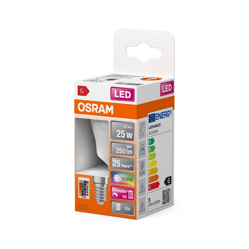 OSRAM LED Lampada LED Retrofit RGBW con telecomando 4,2W 827 Opalina E14 P-Forma, 250 lm, 2700 K, Bianco caldo