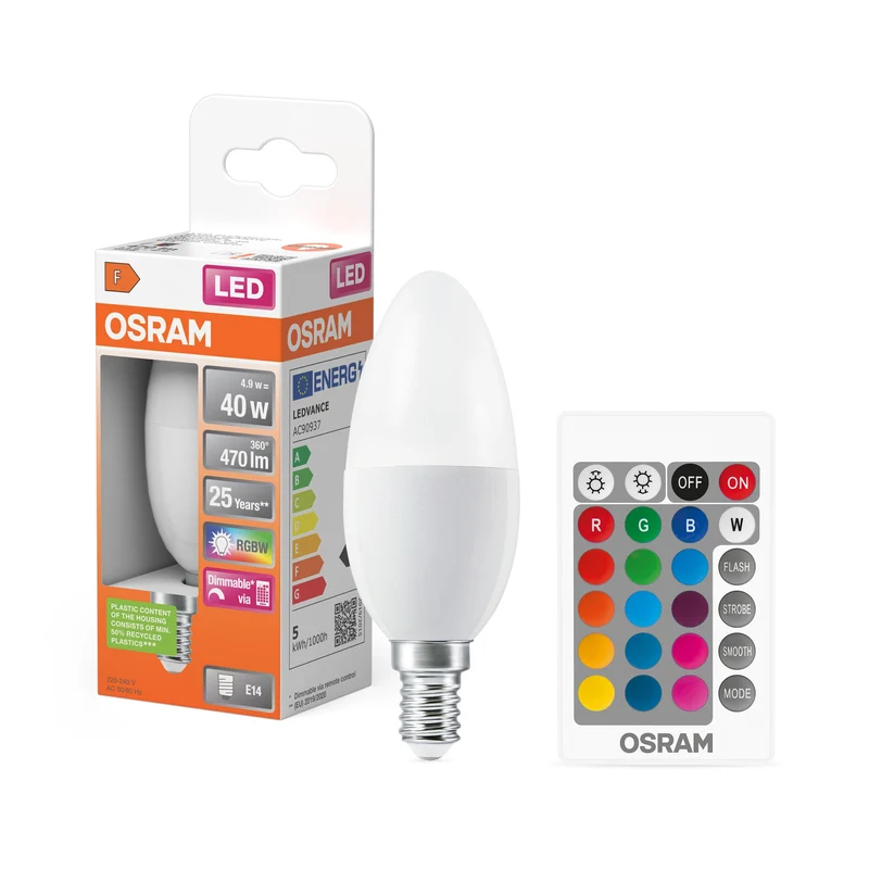 OSRAM LED Lampada LED Retrofit RGBW con telecomando 4,9W 827 Opalino E14, 470 lm, 2700 K, Bianco caldo
