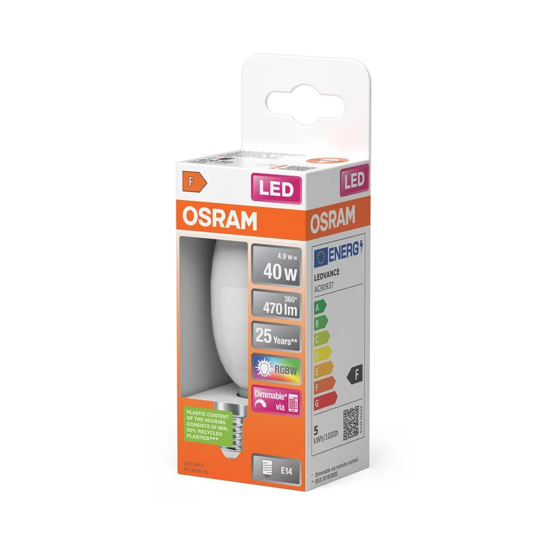 OSRAM LED Lampada LED Retrofit RGBW con telecomando 4,9W 827 Opalino E14, 470 lm, 2700 K, Bianco caldo