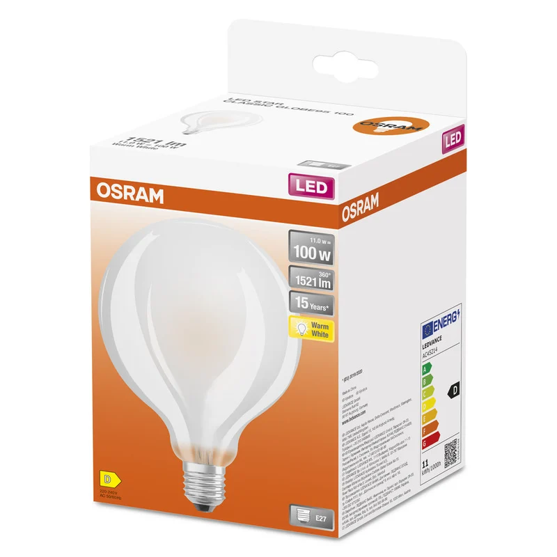 OSRAM LED Lampada LED Retrofit CLASSIC GLOBE95 11W 827 Satinata E27, 1521 lm, 2700 K, Bianco caldo